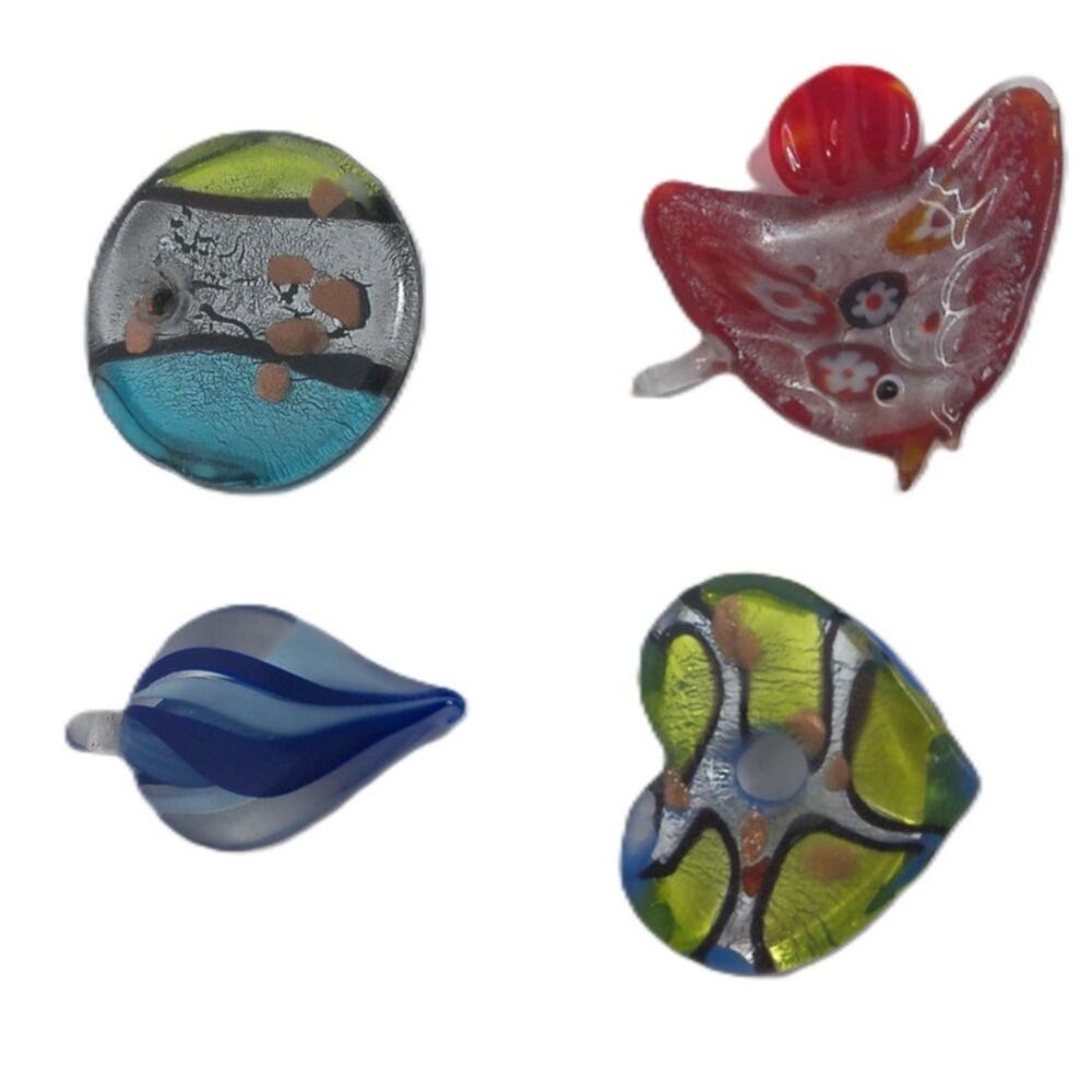 Vintage Lampwork Millefiori Fused Heart Teardrop Glass Pendants Set of 4